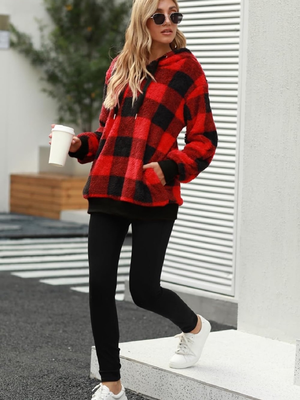 women buffalo plaids hooded pullover